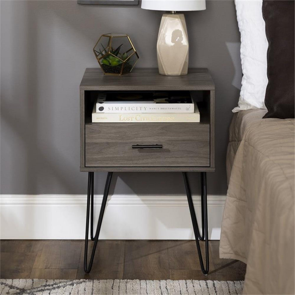 Pemberly Row 18" Single Drawer Hairpin Leg Bedroom Nightstand in Slate Gray