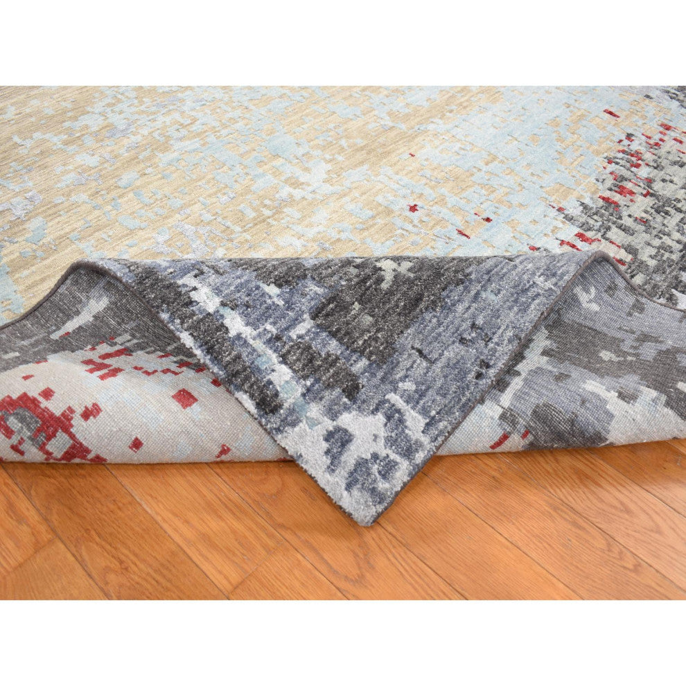 Platinum Gray Abstract Design Denser Weave Pure Wool Hand Knotted Rug 10'x14'2"