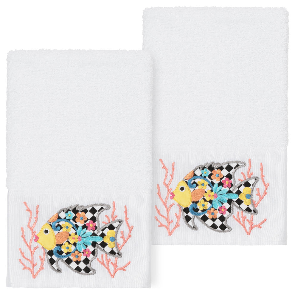 Linum Home Turkish Cotton Feliz 2-Piece Embellished Hand Towel Set, White