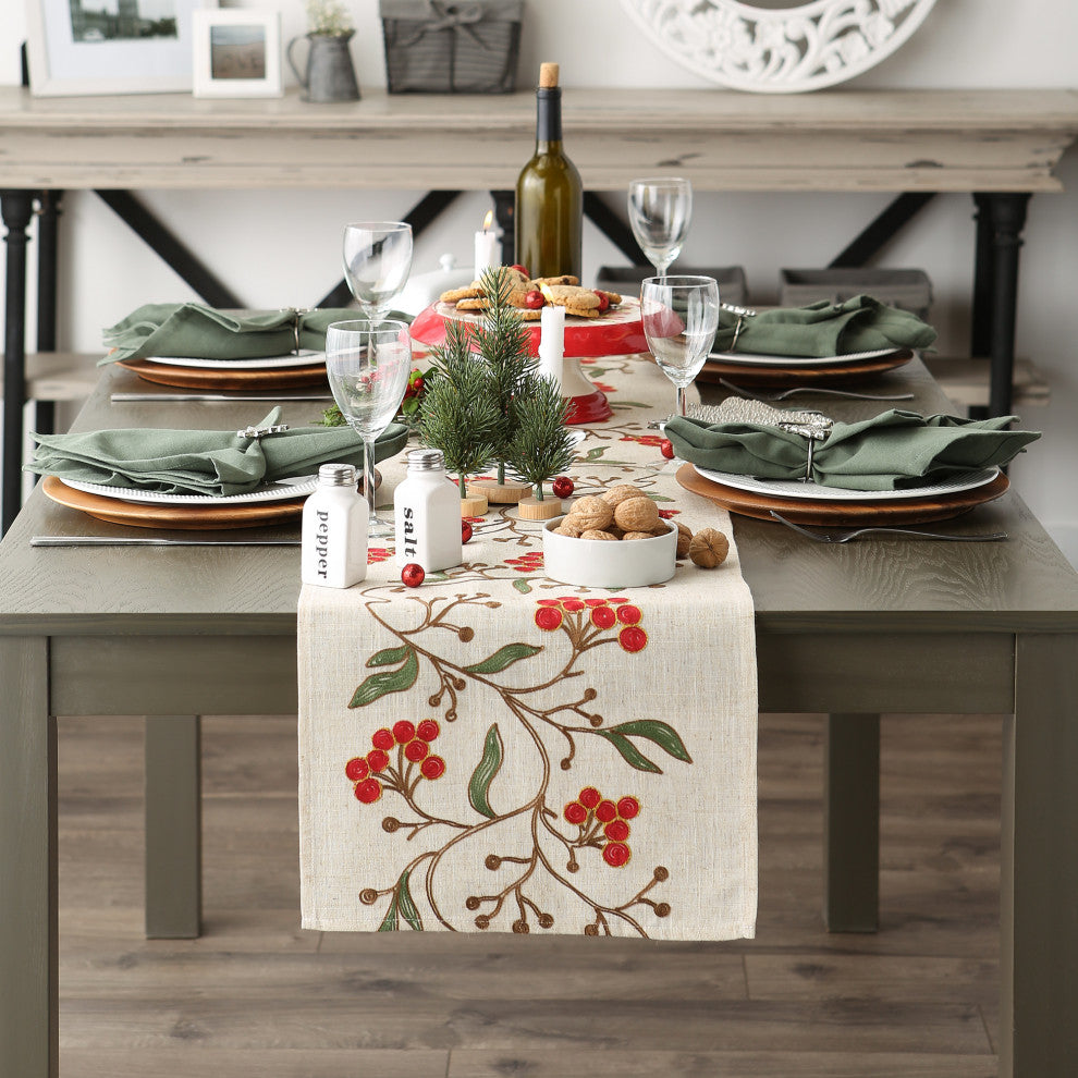 Winter Berries Embroidered Table Runner 14x70