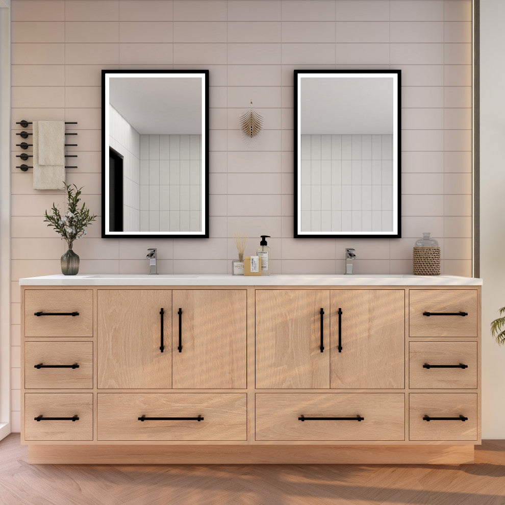 Victoria 84" Solid Wood Bath Vanity, Double Sink, Red Oak