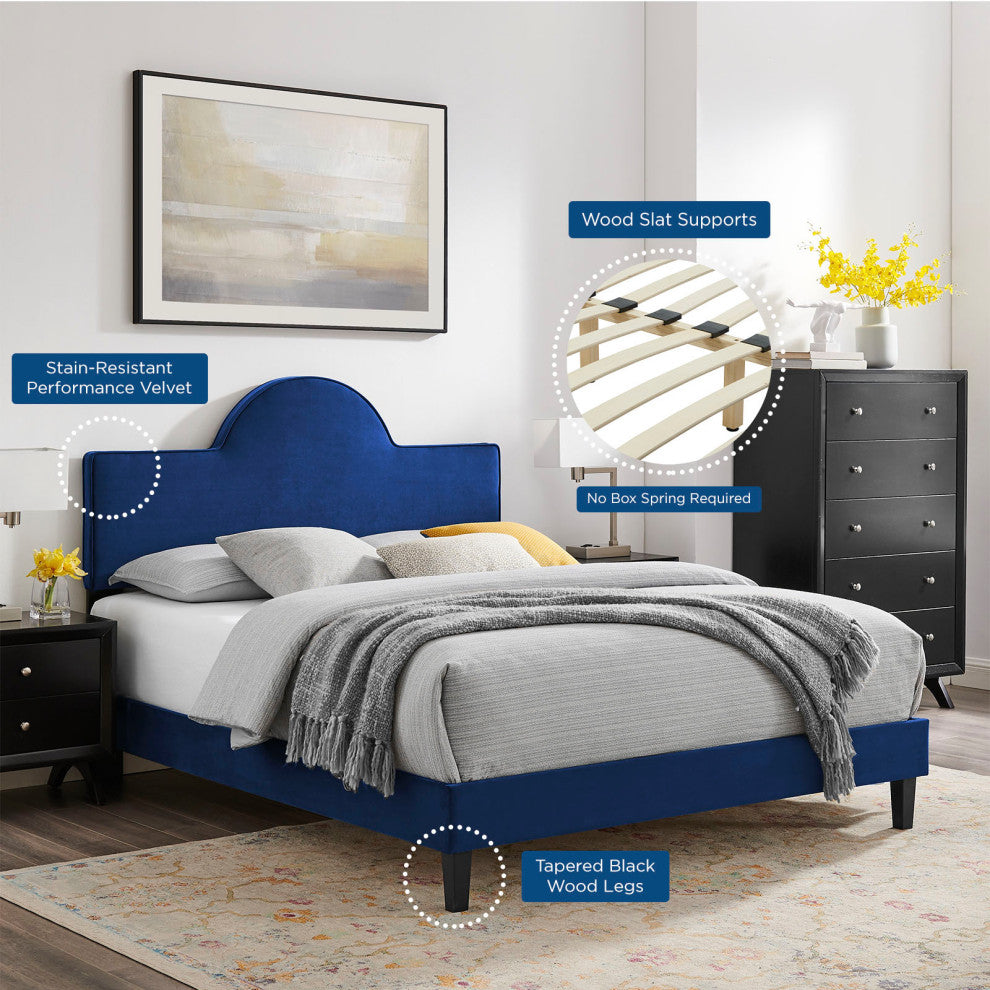 Platform Bed Frame, King Size, Blue Navy, Velvet, Modern, Bedroom Guest Suite