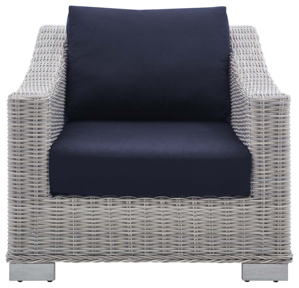 Lounge Chair Armchair, Sunbrella, Rattan, Wicker, Gray Blue Navy, Outdoor