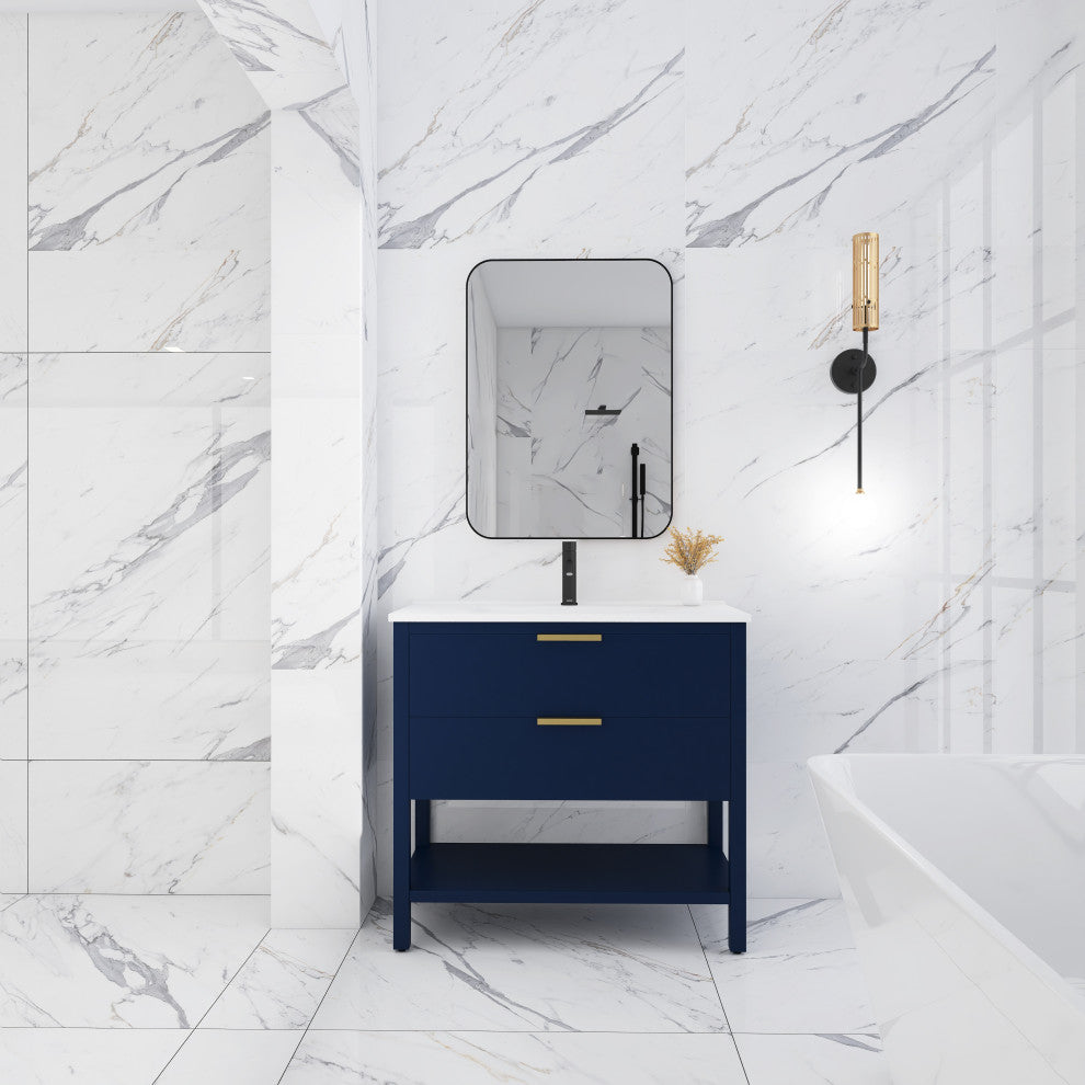 36 inch Plywood Freestanding Bathroom Vanity Set with Ceramic White Sink, Navy Blue