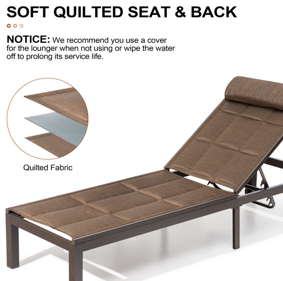 Outdoor Adjustable Quilted Chaise Lounge Chair with Wheels (Set of 2), Brown