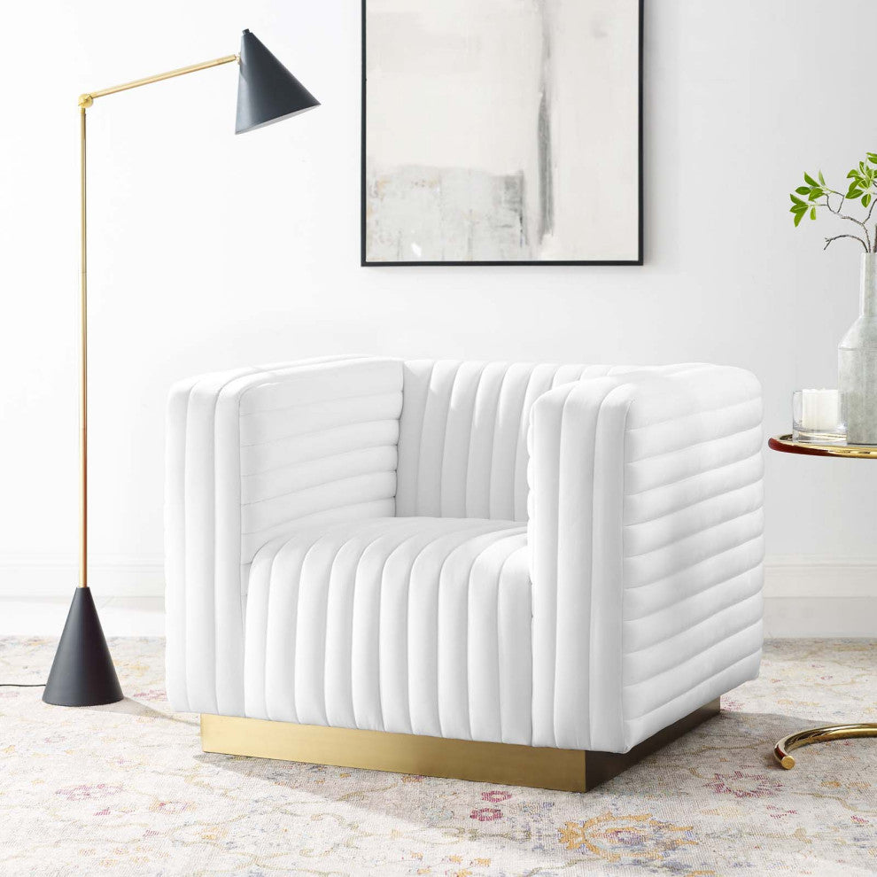 Tufted Armchair Accent Chair, Velvet, White, Modern, Living Lounge Hospitality