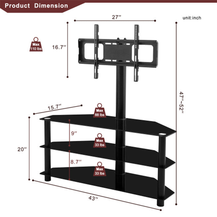 Black Multi-function TV Stand  Adjustable Height  Bracket Swivel 3-Tier