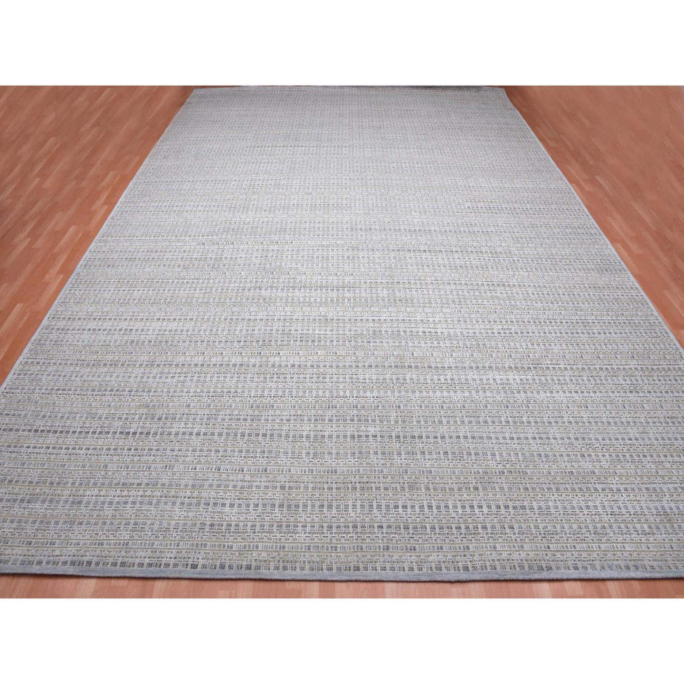 Silver Gray Silk and Wool Hand Knotted Modern Design Oversized Rug, 14'0"x20'4"