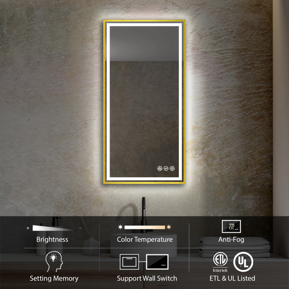 Fogless, Dimmable, Color Temperature Adjustable LED Mirror, Brush Gold, 18x36