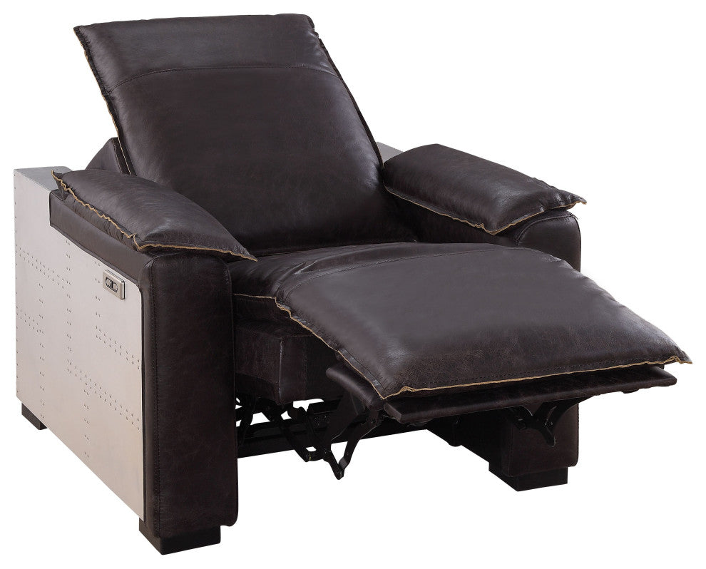 Acme Nernoss Power Motion Recliner Dark Grain Brown Leather and Aluminum