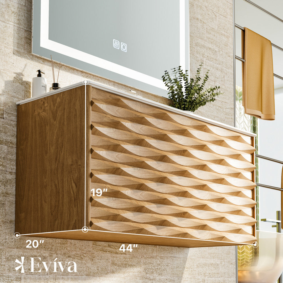 Eviva Oahu 44"W Oak Wall Mount Bath Vanity, White Solid Surface Countertop