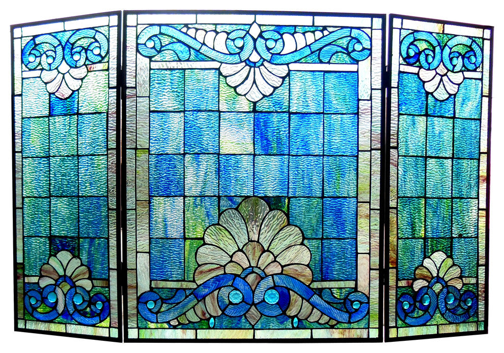 KEANU Tiffany-style 3pcs Folding Victorian Fireplace Screen 44inches Wide