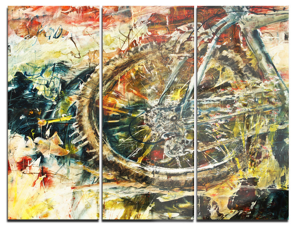 "Mountain Bike Oil Painting" Glossy Metal Wall Art, 3 Panels, 36"x28"