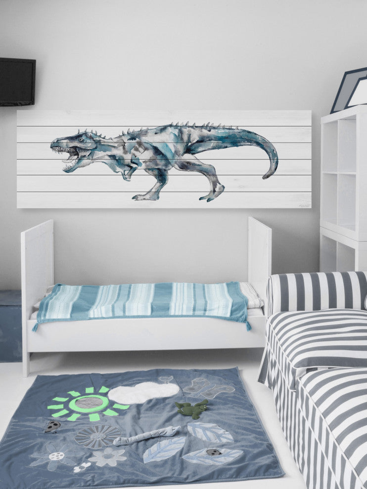 "Fierce Dinosaur" Painting Print on White Wood, 45x15