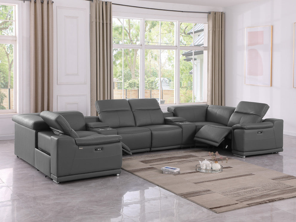 Federico 8-Piece Italian Leather U Sectional, 2 Power Recliners, Dark Gray