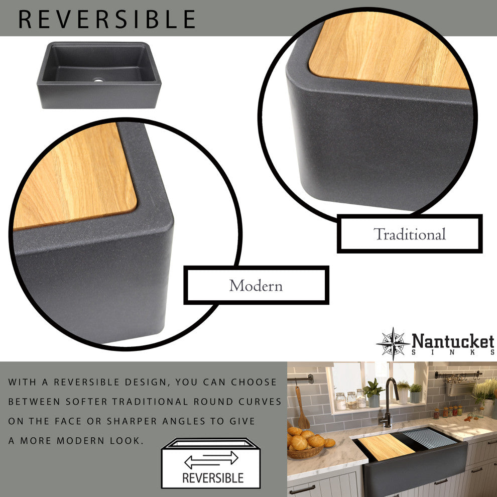 30" Reversible Workstation Granite Composite Apron Sink With Accessories, Black