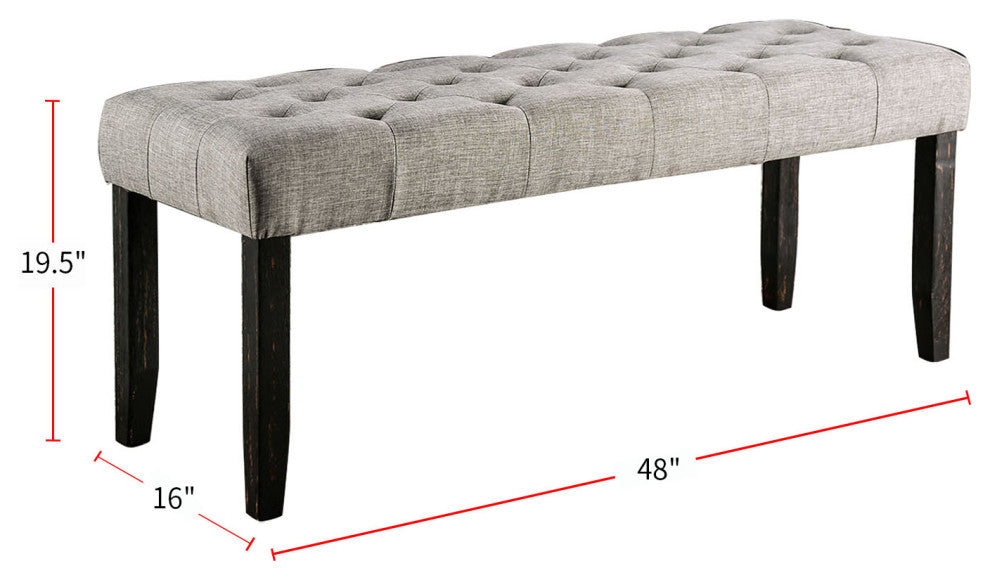 Fabric and Wood Dining Bench, Antique Black and Light Gray
