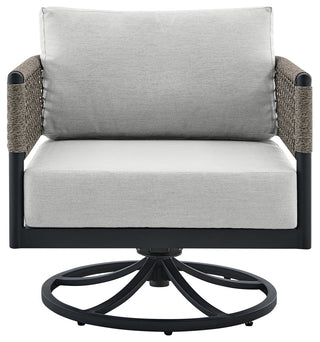 Felicia Outdoor Patio Swivel Rocking Chair in Black Aluminum and Grey Rope...