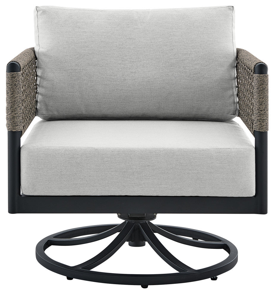 Felicia Outdoor Patio Swivel Rocking Chair in Black Aluminum and Grey Rope...