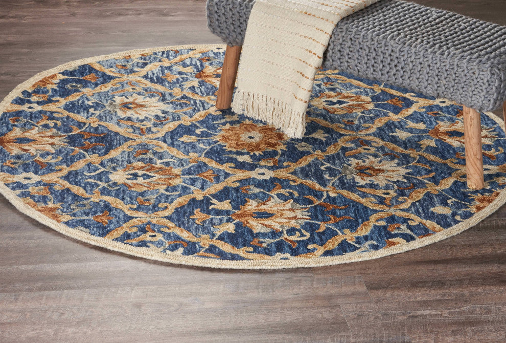 6" Round Navy and Gold Ornate Lattice Area Rug