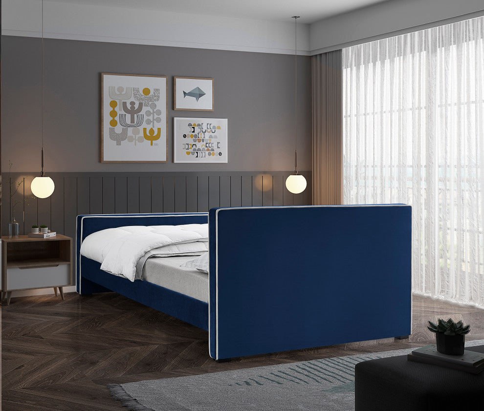 Dillard Velvet Upholstered Bed, Navy, Full