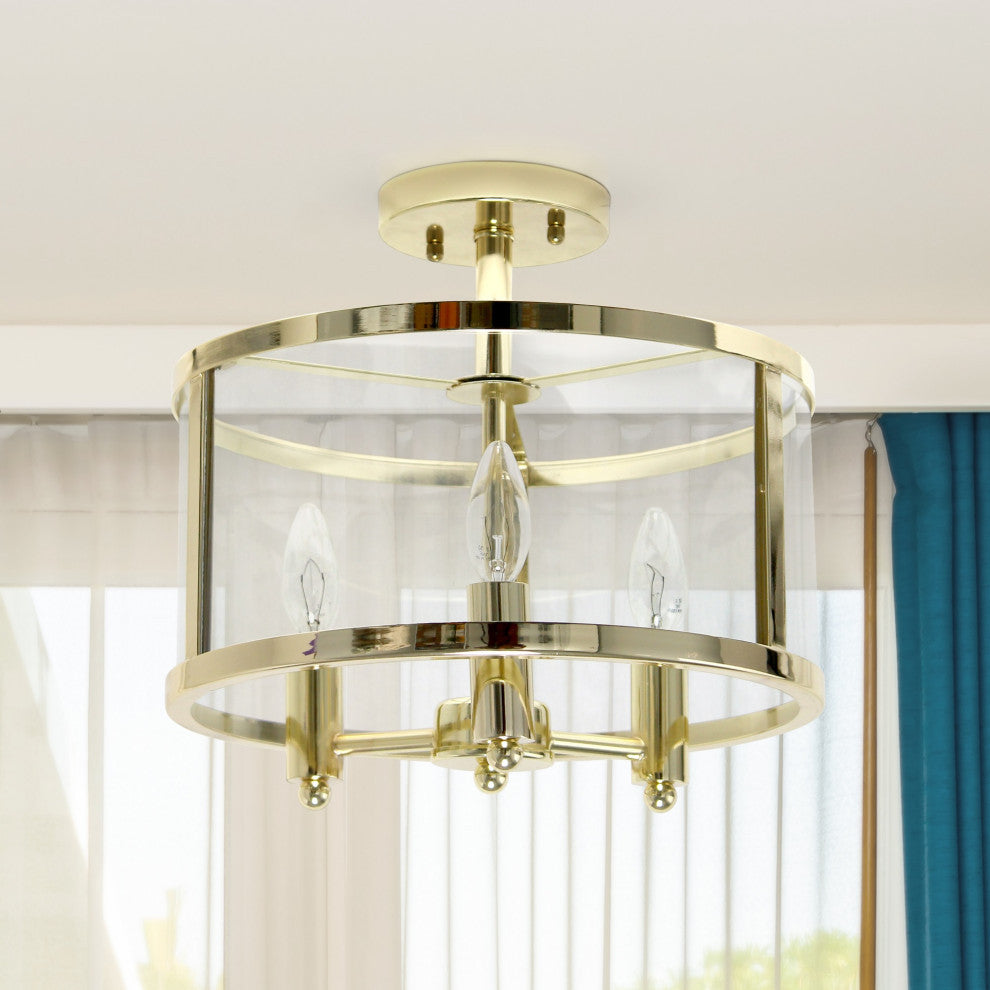 3-Light 13" Farmhouse Glass and Metallic Accented Semi-flushmount, Gold