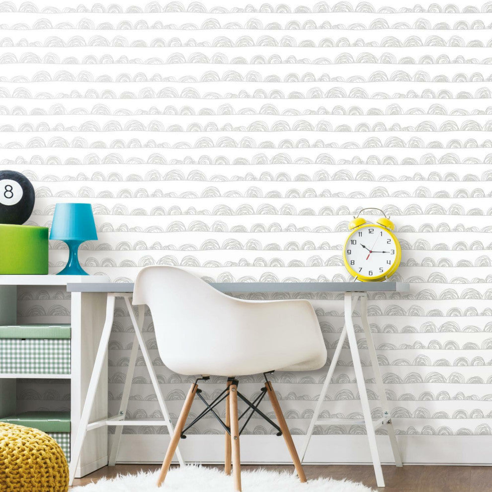 White & Gray Doodle Scallop Peel & Stick Wallpaper
