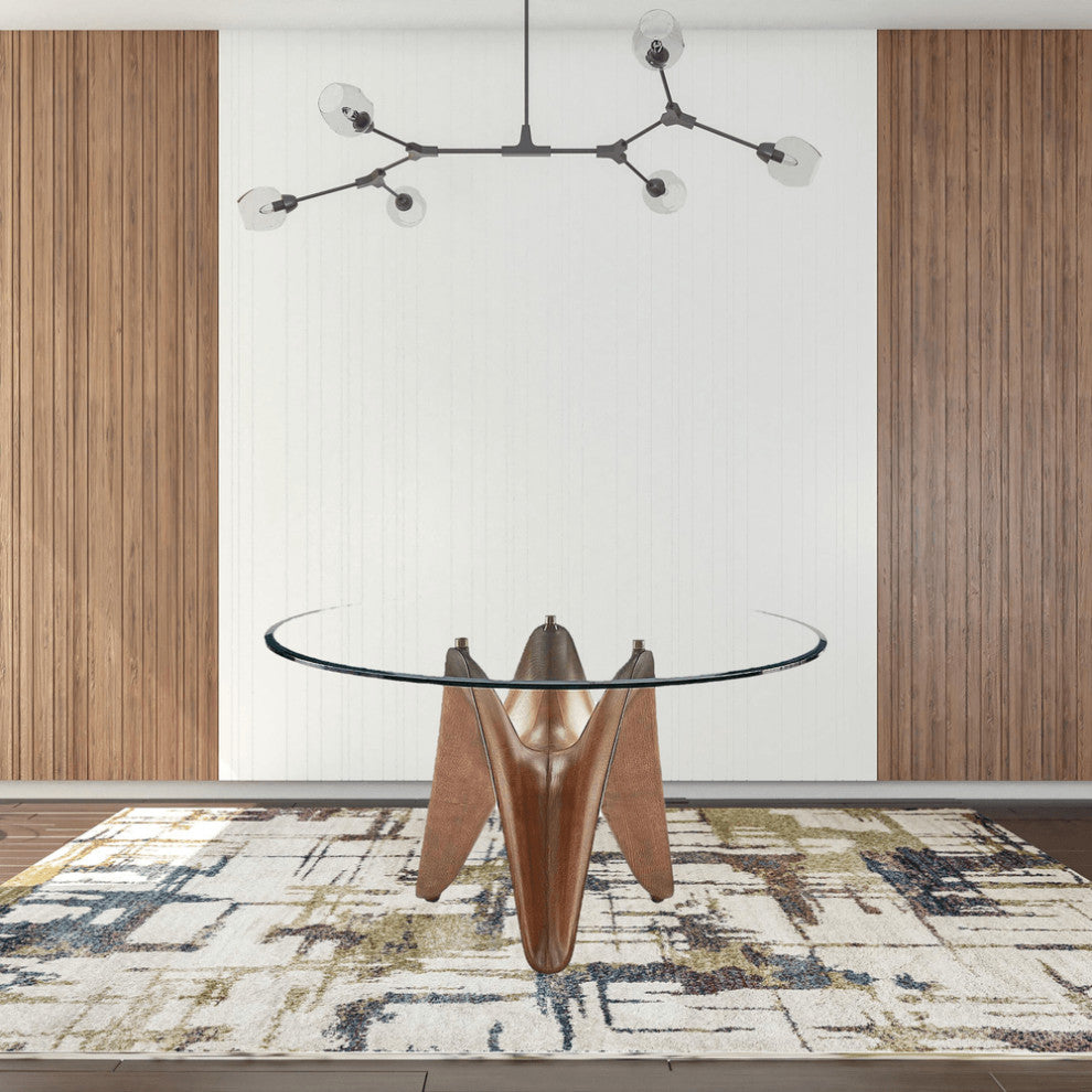 59" Clear And Walnut Rounded Glass And Solid Manufactured Wood Dining Table