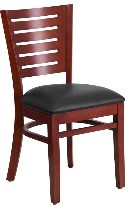 Darby Series Slat Back Mahogany Wood Restaurant Chair, Black Vinyl Seat
