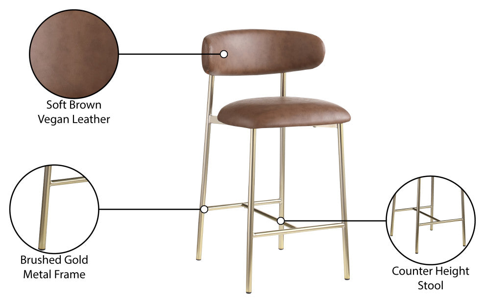Lupita Upholstered Counter Stool, Brown, Vegan Leather, Brushed Gold, Set of 2