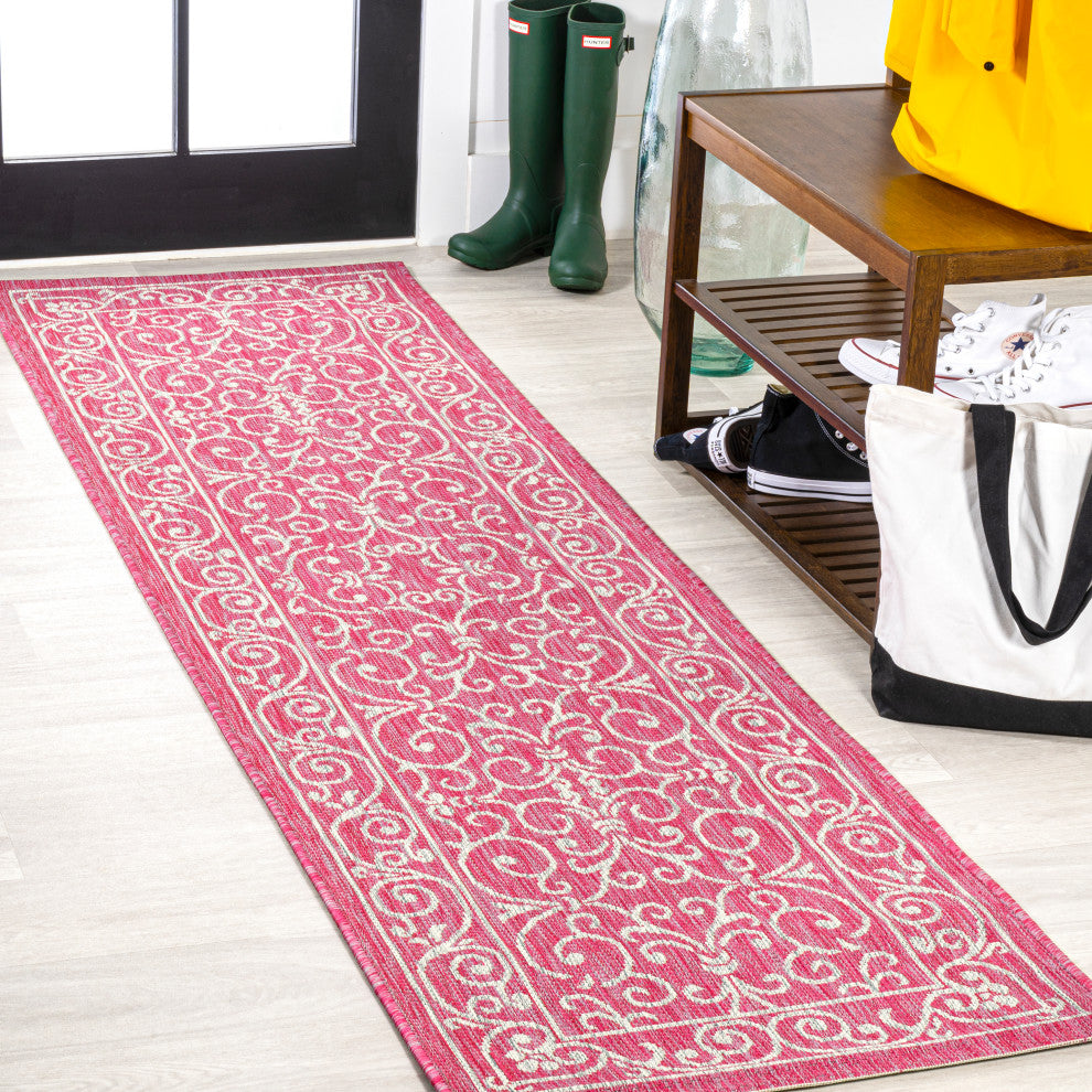 Charleston Filigree Textured Weave Indoor/Outdoor, Fuchsia/Light Gray, 2 X 10