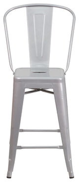 Commercial Grade 24" High Silver Metal Indoor-Outdoor Counter Height Stool,Back
