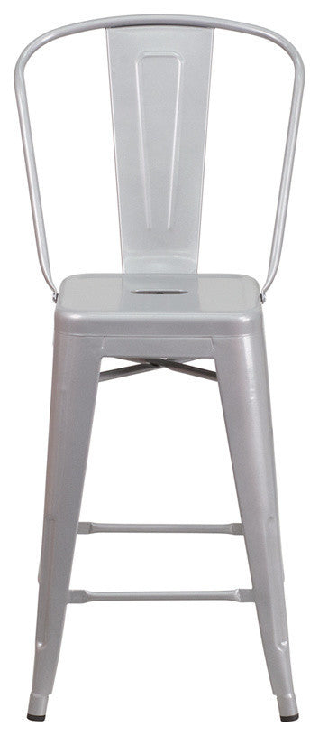 Commercial Grade 24" High Silver Metal Indoor-Outdoor Counter Height Stool,Back