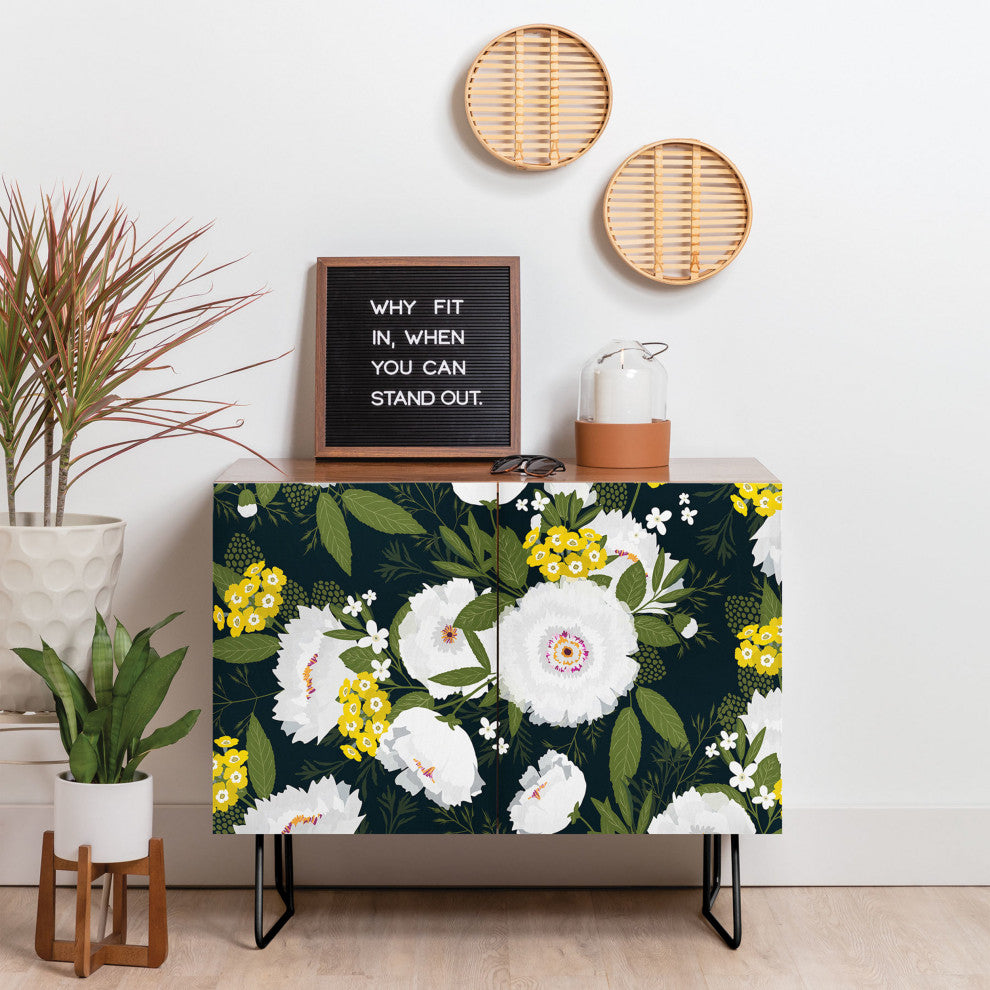Deny Designs Fleurette Night Credenza, Walnut, Black Steel legs