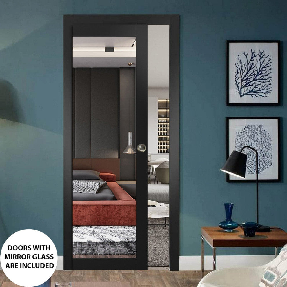 Sliding Pocket Door 42 x 80, Lucia 1299 Matte Black & Mirror, Rail