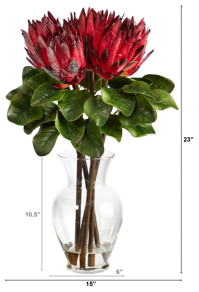 Nearly Natural 23" King Protea Artificial Arrangement, Glass Vase