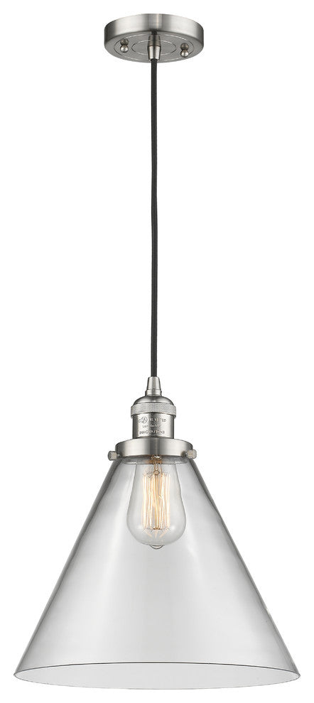 X-Large Cone 1-Light LED Pendant, Brushed Satin Nickel, Glass: Clear