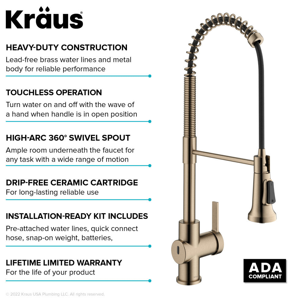 Britt Commercial Style 3-Function Pull-Down 1-Handle 1-Hole Kitchen Faucet, Spot Free Antique Champagne Bronze (Touchless Ksf-1691sfacb)