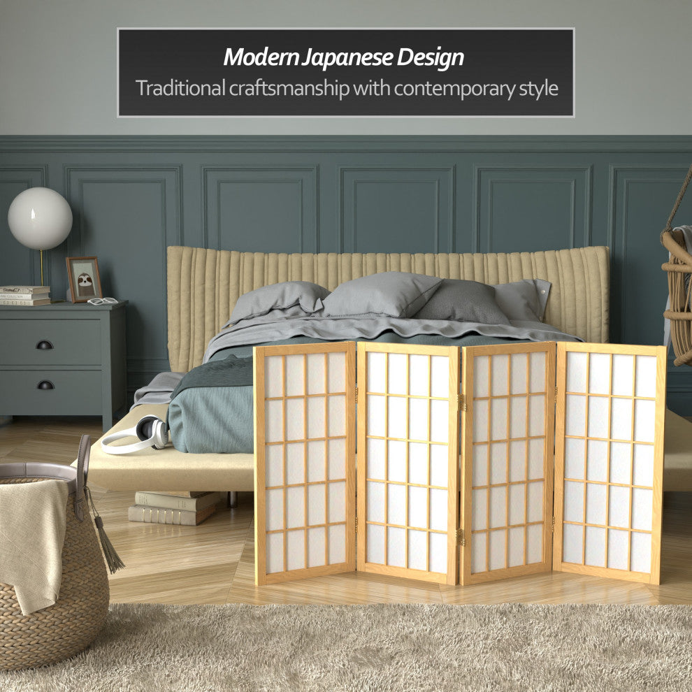 2' Tall Desktop Window Pane Shoji Screen, Natural, 4 Panels