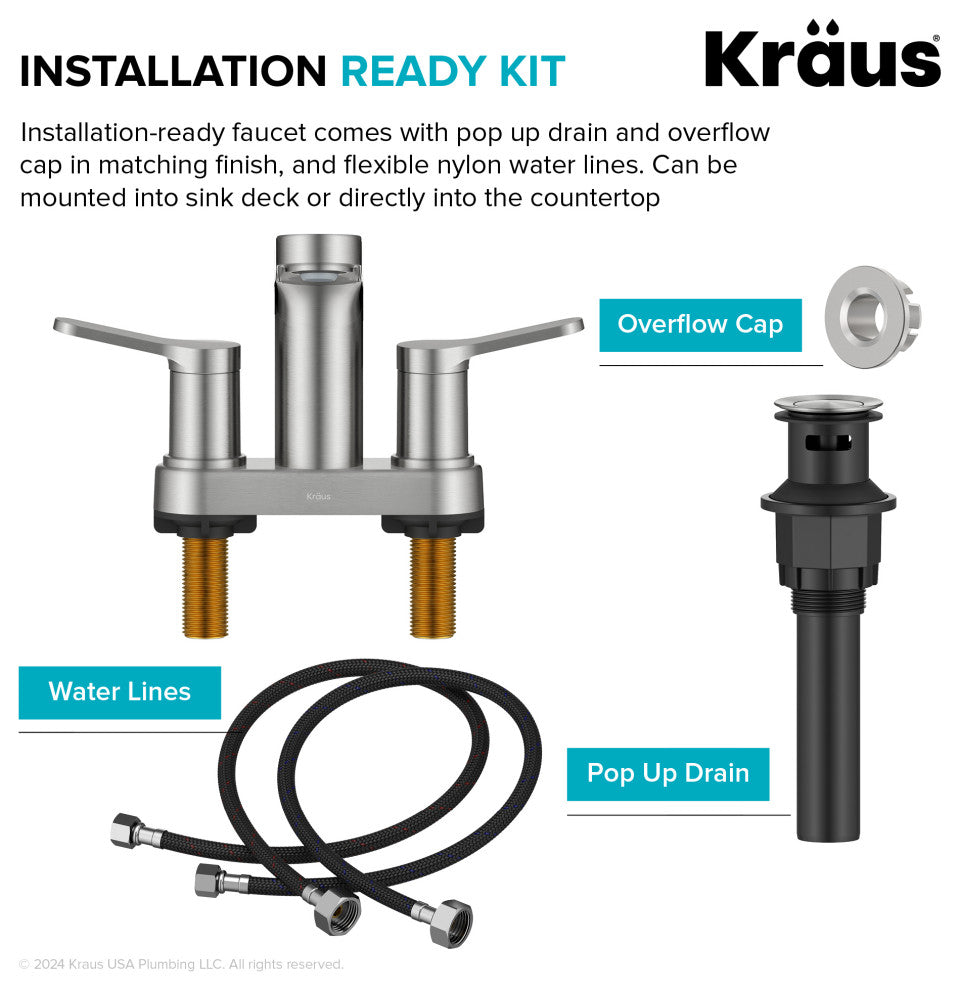 KRAUS Indy 2-Handle 3-Hole Centerset Bathroom Faucet Spot Free BN, PU Drain