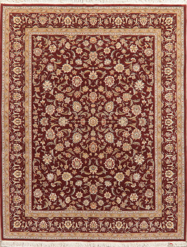 Traditional All-Over Agra Indian Hand-Knotted Oriental Area Rug, Red, 9'10"X7'9"