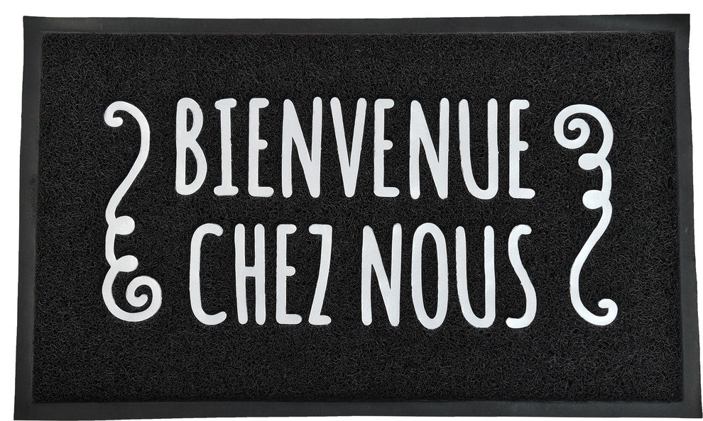 Outdoor Printed Front Door Mat French Bienvenue Chez Nous PVC Rug 30x18 Black