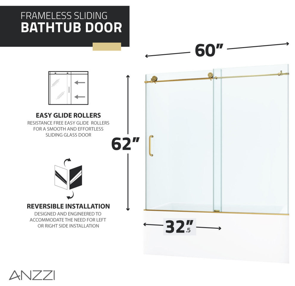 Raymore Series 60"x62" Frameless Sliding Tub Door, Brushed Gold