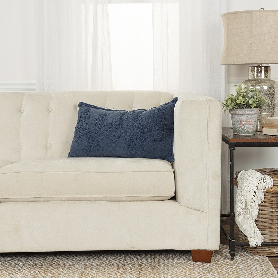 Navy Botanical Pattern Embroidered Lumbar Pillow