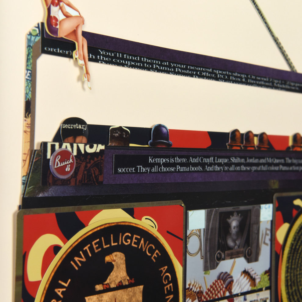"Cia Boombox"Dimensional Collage, Under Glass, A Shadow Box Frame