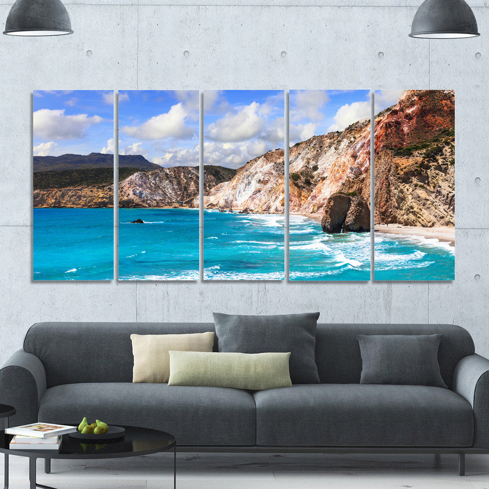 Greek Islands Scenic Beaches, Landscape Canvas Art Print, 60"x28", 5 Panels