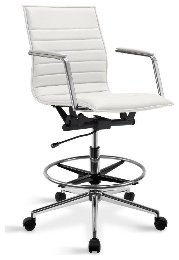 Drafting Chair Upholstered PU Leather Ribbed Mid Back Swivel Armchair, White