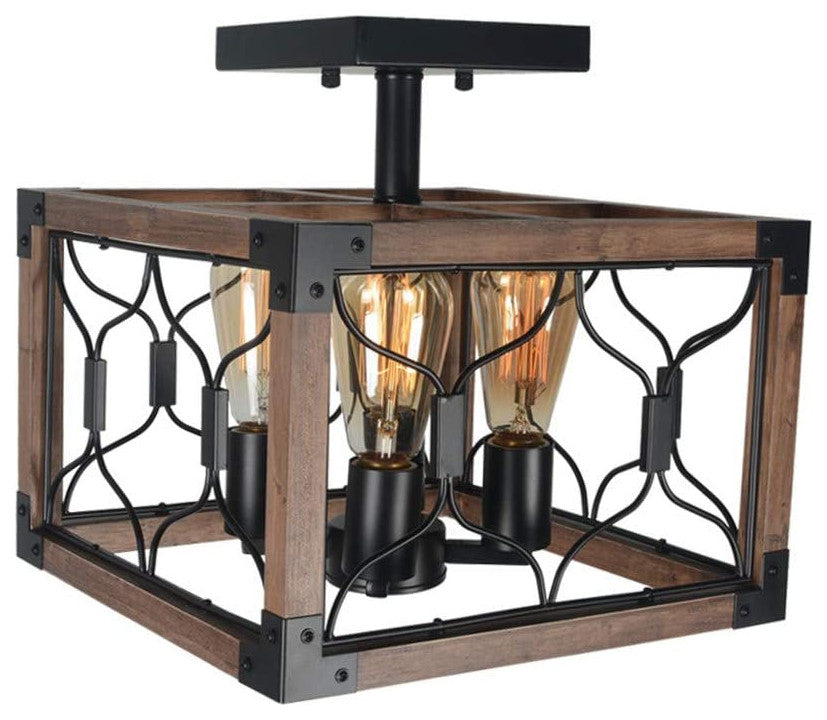 4 Light Industrial Ceiling Lamp, Rust, Square, Semi Flush Mount, Cage