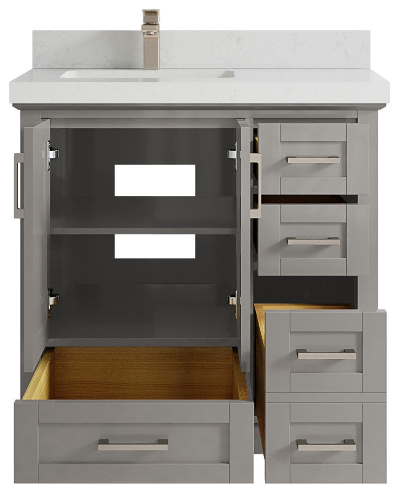 Boston 36 Left Offset Bath Vanity in Elephant Skin Gray 2" Carrara Quartz