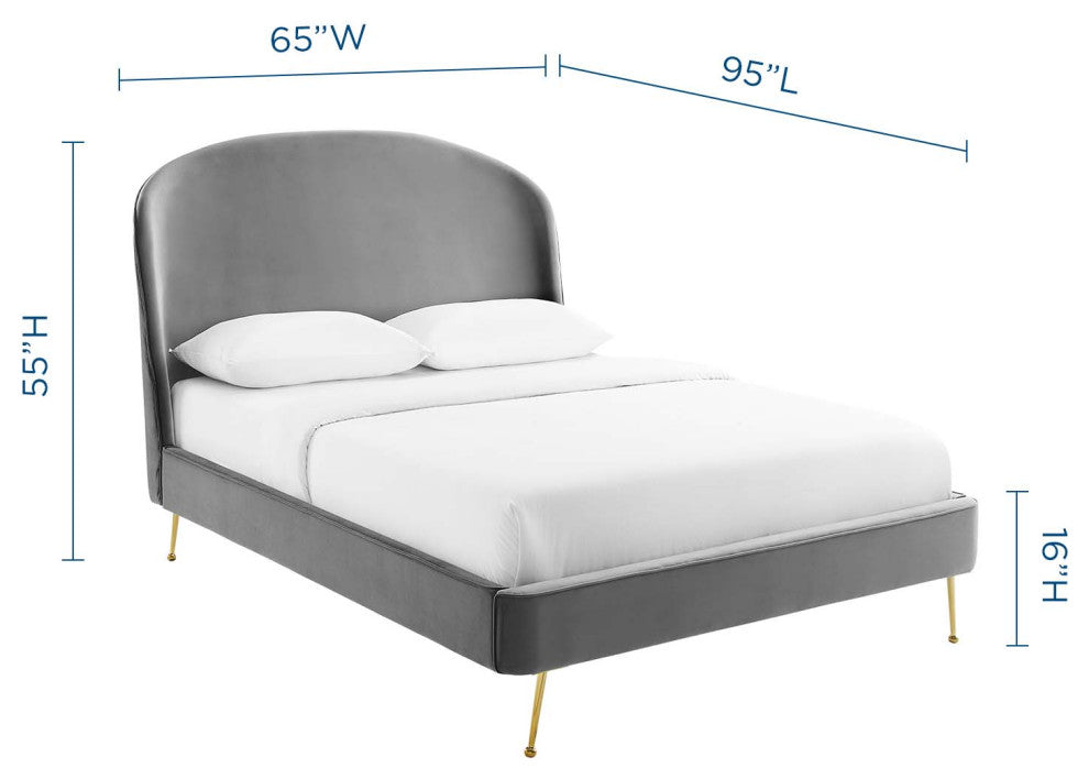 Platform Bed Frame, Queen Size, Velvet, Gray, Modern Contemporary, Bedroom